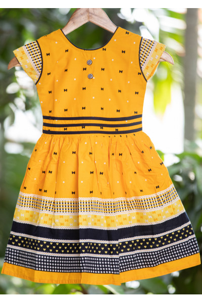 All Over Bow Printed Yellow Cotton Kids Dress (KR1195)